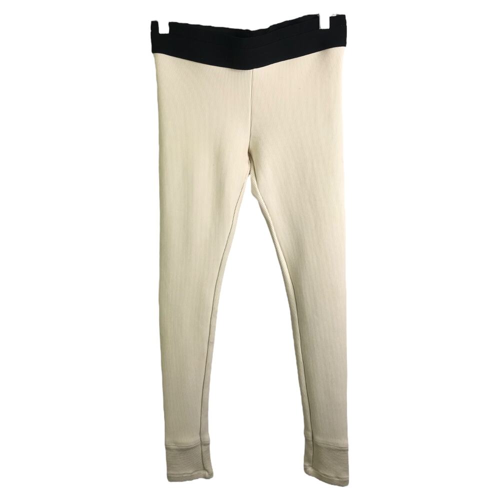 Unbranded Leggings Womens Sz M Cream Black Trim Ribbed Stretch‎